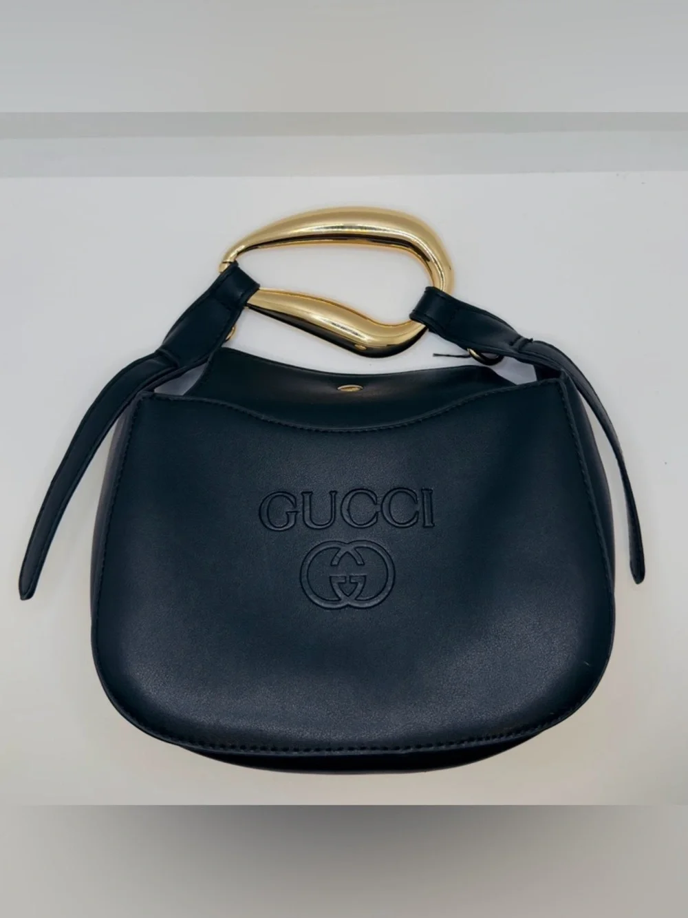 Fashionable Black Faux Leather Mini Hobo with Gold Handle